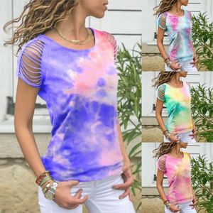 Dames t shirts dames mode zomer t-shirt o nek korte gescheurde mouw dye print blouse top