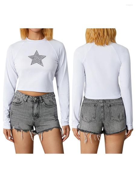 Camisetas para mujer Tendencia de la moda Jersey casual Estrella blanca Patrón de diamantes de imitación Cuello redondo Manga larga Tops recortados S/M/L