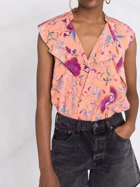 T-shirts Femmes Femmes Floral Imprimer Chemise sans manches Top 2024 Mode d'été Dames Vintage Style Français Blouses à col en V Chemise à volants