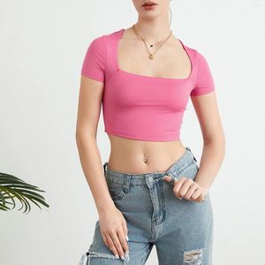 Camisetas para mujer Mujeres Niñas Camisetas básicas de verano Color sólido Tops cortos casuales Moda Estilo simple Manga corta Cuello cuadrado Slim Fit