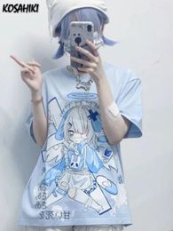 Camisetas para mujer, camiseta Harajuku con estampado de dibujos animados japoneses, camisetas Kawaii de gran tamaño Grunge Y2k estéticas azules, ropa de calle de verano