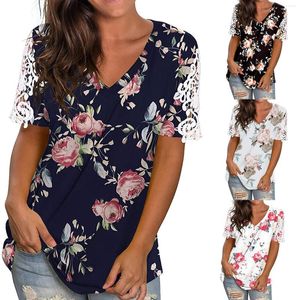 Camisetas de mujer, camiseta de moda calada para mujer, cómoda impresión diaria, blusa de manga corta con cuello en V, blusas informales holgadas de alta calidad