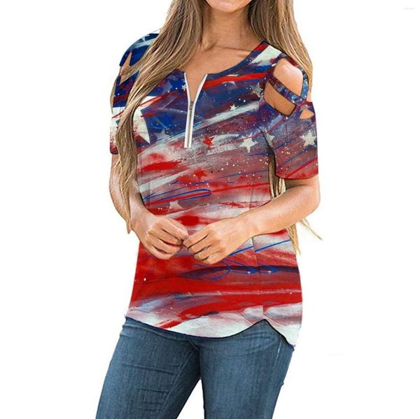 Camisetas para mujeres Camiseta para mujeres Día de la independencia para primavera de primavera de verano. Top top blusas femeninas de la bandera estampada de la bandera americana Patriótico