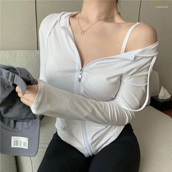 T-shirts Femmes Femmes Chemise irrégulière Poche à capuche Tenue d'automne Solide Blanc Simple Top Tee Mode Casual Manches longues Fermeture à glissière jusqu'à Slim