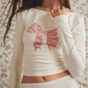 Camisetas para mujer, camisetas de manga larga con espalda abierta Y2k, estética Kawaii, ropa informal dulce Harajuku, camisetas con bordado de lazo, Top coreano Chic