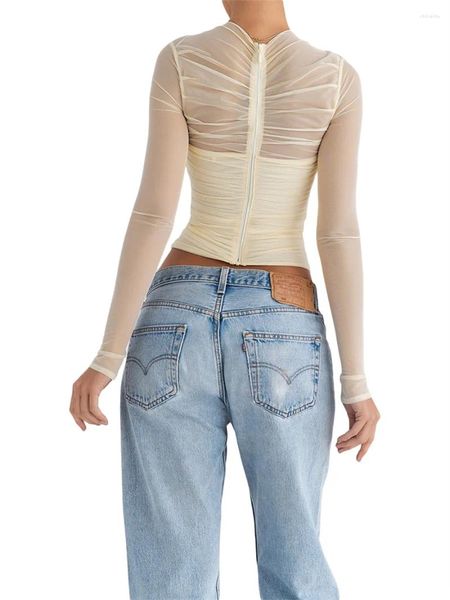 Camisetas para mujer Mujeres de manga larga Camisa de malla transparente Tul Ver a través de Slim Fit Crop Top Y2k Ruched Salir Tops Streetwear