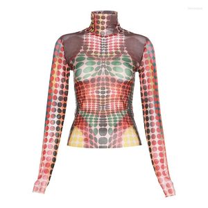 Camisetas de mujer, sudadera de malla para mujer, estampado de lunares 3D colorido, manga larga, cuello alto, Top corto transparente, ropa de calle Sexy de verano para discoteca