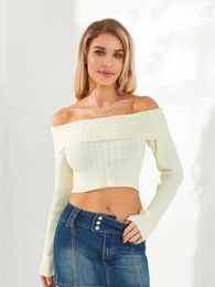 Dames T-shirts Dames Off-shoulder gebreide crop-tops Effen kleur Boothals Trui met lange mouwen Pullover Casual Basic T-shirts