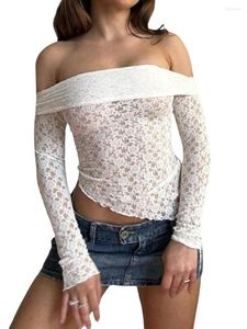 T-shirts femme épaules dénudées voir à travers haut court dentelle chemise à manches longues maille transparente Slim Fit Blouse Y2k Sexy rétro Streetwear
