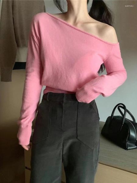 Camisetas de mujer, camisa elegante coreana rosa para mujer, suéteres de manga larga con hombros descubiertos y cuello Diagonal para primavera y otoño, Top informal para mujer