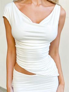 T-shirts femme plissés coupe basse hauts blancs Sexy élégant Chic T-shirt épaules nues manches courtes coupe ajustée asymétrique été