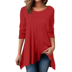 T-shirts Femmes Femmes Pull Tops Col rond Manches longues Ourlet irrégulier T-shirt Solide Casual All-Match Longueur moyenne Ropa de Mujer