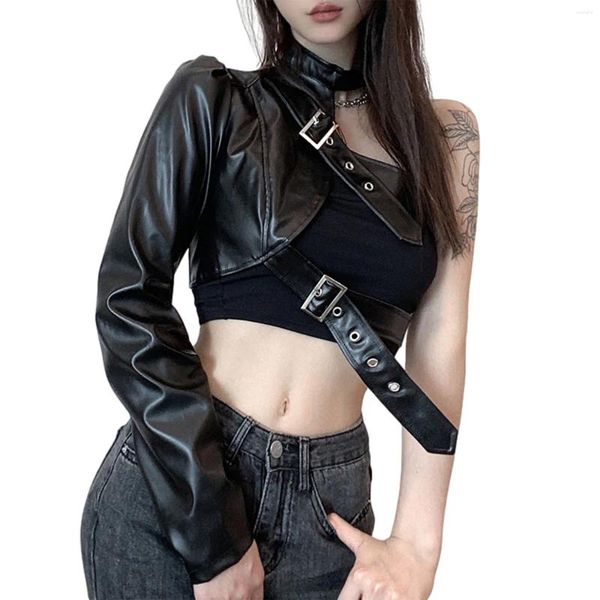 T-shirts Femmes Femmes Punk Style Crop Tops Cool Single Manches Longues Cintre Ceinture En Cuir Connecté Vêtements