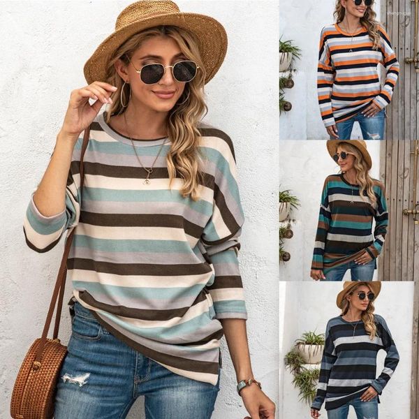 T-shirts pour femmes Femmes Col rond Manches longues Pull polyvalent 2023 Automne Imprimer Stripe Tops Pull de loisirs Dames Tenues