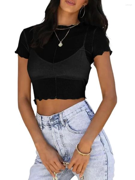 T-shirts pour femmes Femmes S Floral Dentelle Hors Épaule Crop Top À Manches Courtes À Volants Hem Sheer Mesh Blouse Summer Beach Bikini Cover Up