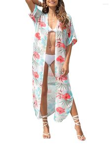 T-shirts pour femmes Imprimé floral en mousseline de soie Kimono Cardigan Beach Cover Up avec garniture à pampilles et demi-manches