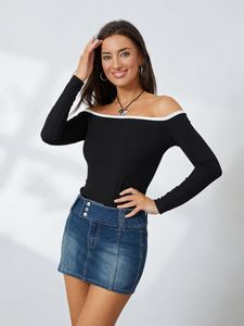 Dames T-shirts Dames S Sexy Off-shoulder Crop Tops met lange mouwen Contrasterende kleur Boothals Show Navel Slim Fit T-shirts Uitgaan