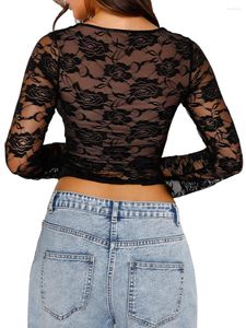 Camisetas para mujer Tops cortos de encaje floral transparente para mujer Slim Fitted Color Sólido Manga larga Ropa de corte bajo Ropa de calle de otoño