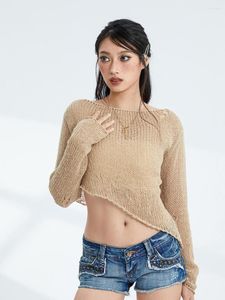 Dames T-shirts Dames S Sheer Mesh Knit Crop Top Beach Cover Up Y2K See Through Bikini Pullover Sweater met lange mouwen