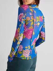 Dames T-shirts Dames S Slim Mesh Tops Bloemenprint Lange mouw Hoge hals Sla T-shirt voor lente zomer