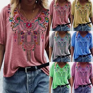 Dames T-shirts Dames lente en zomer Opdrukken Etnische stijl V-hals T-shirt met korte mouwen Mode Informeel Ruimvallend Tops Vrouw Dame