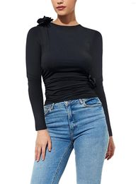 T-shirts pour femmes femmes S Vintage imprimé fleuri à manches longues chemisier élégant Slim Fit petit haut Y2K mode Rosette t-shirt vêtements d'automne