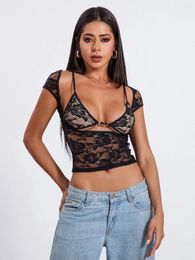 Camisetas para mujer Mujeres S Y2K Tops cortos de encaje Manga casquillo vintage Camisetas ajustadas de corte bajo Conjunto de bralette sin mangas Camisa transparente transparente