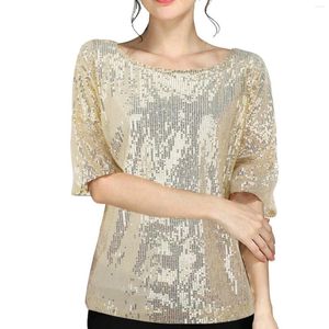 T-shirts pour femmes Femme Sequin Shirt lâche paillette d'été O-cou à demi-manches Pullvoers Tops Performance Blouse Street Nightclub Femme