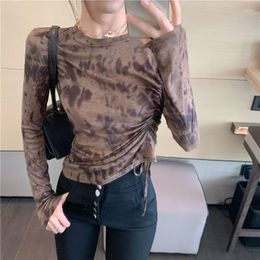 T-shirts pour femmes femmes Sexy élastique 2023 chemise Chic cravate colorant imprimé haut court basique mince t-shirt Vintage à manches longues t-shirts printemps Streetwear