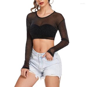 T-shirts pour femmes T-shirt en maille transparente à manches longues et col rond Harajuku Shiny Glitter Sparkly Bodycon Crop Top Cover Up Clubwear