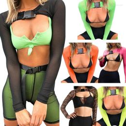 T-shirts Femmes Femmes Sexy Sheer Mesh Manches longues Crop Top Couleur Solide Léopard Voir à travers Rave Party Cover Up T-shirt avec boucle