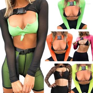 Camisetas para mujer Mujeres Sexy Sheer Mesh Manga larga Crop Top Color sólido Leopardo Ver a través de Rave Party Cover Up Camiseta con hebilla