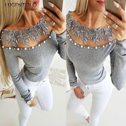 T-shirts Femme Sexy T-shirt Dentelle Printemps Été Perle Slah Cou Gris Top Femme Mince À Manches Longues Mince T-shirt Pull Grande Taille T-shirt