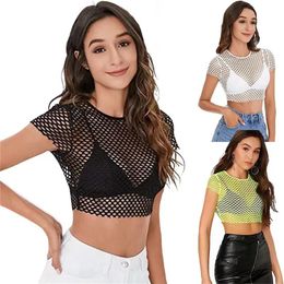 Camisetas para mujer Mujeres Sheer Mesh Fish Net Camiseta de manga corta Negro Blanco Verde Hollow Out See Through Crop Top Camisetas Camisetas Ropa femenina