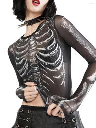 T-shirts pour femmes Tops en mailles transparentes Halloween Imprimé squelette à manches longues ajustée noire