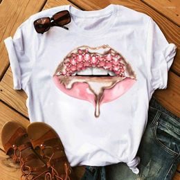 Dames t shirts dames shirt mode make-up zwarte lippen in diamanten druppel grafisch tee zomer esthetische witte vrouwelijke t-shirt tops