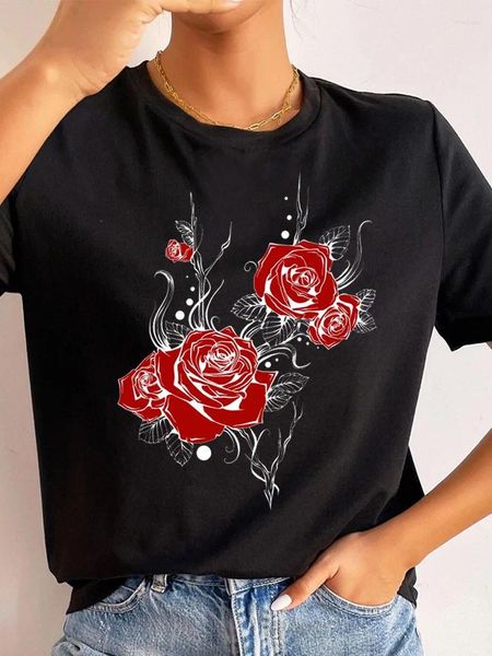 T-shirts femmes femmes chemise rouge Rose fleur imprimé décontracté hauts femme à manches courtes T été femme T-shirt vêtements