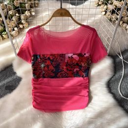 T-shirts Femmes Femmes Chemise Rose Imprimé Plis T-shirts Pour Femme Maille O-cou Tout-Puissant T-shirts D'été Femme Casual Mode Coréenne Drop