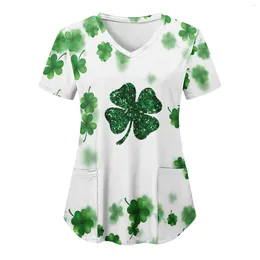 Dames t shirts dames shirt korte mouw v nek scrub uniform groen klaver print verpleegsters top St. Patrick's Day Carers Healthcare