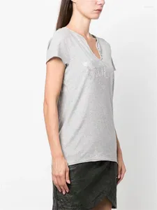 Camisetas para mujer Camiseta gris de manga corta con letras y diamantes de imitación, Top de algodón con cuello en U para mujer, primavera y verano 2024