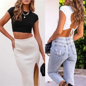 Camisetas de mujer Camiseta corta ajustada de manga corta para mujer Camiseta sin espalda con cordones entrecruzados con cuello redondo