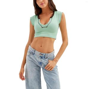 T-shirts pour femmes T-shirt slim à manches courtes U Neck Contrast Color Summer Ladies Crop Top Tee For Party Club