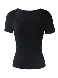 T-shirts pour femmes Femmes T-shirt carré Top Col à manches courtes Solid Slim Fit Tops d'été Vêtements Casual Quotidien