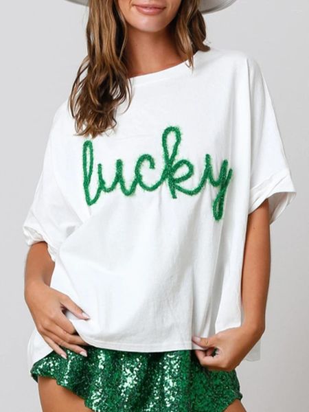 T-shirts pour femmes Femmes St Patricks Jour de la journée Sequin Sequin à manches courtes Green Lucky Glitter Print Shamrock Funny Graphic Tee Tee