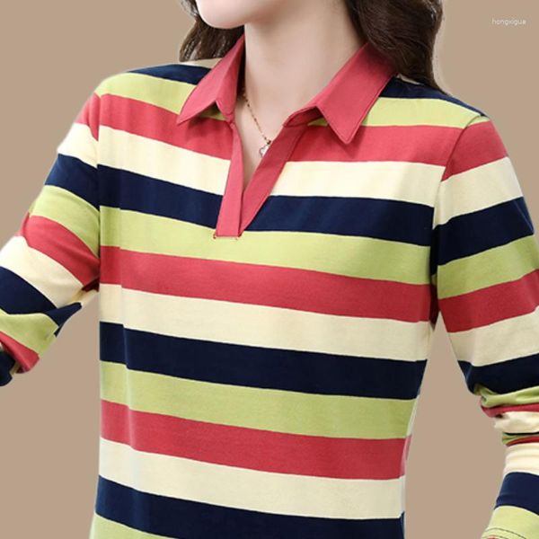 T-shirts pour femmes Polo à rayures pour femmes T-shirt décontracté en coton à manches longues Lady Shirt Légèrement Strech Vintage