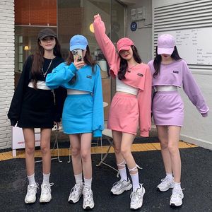 Femmes t-shirts femmes costume filles robe ensemble 2023 mode solide coréen doux coton court pull col rond Mini Simple épice