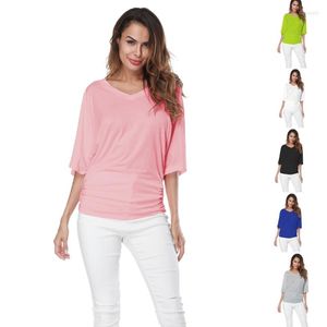 Dames t shirts dames zomer batwing korte mouw v-neck casual dolman top sexy gewone vaste kleur geplooide zoom losse fit blouses t-shirts