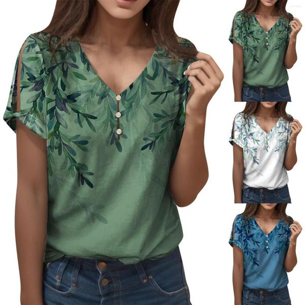 T-shirts pour femmes femmes été décontracté creux manches courtes col en V bouton haut chemise imprimer femmes Polyester Spandex