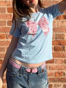 Camisetas para mujer Verano Casual Manga Corta Crop Top Cuello Redondo Estampado De Lazo Camisetas Blusas Ropa De Calle