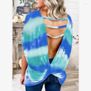 T-shirts pour femmes Femmes Summer Fashion T-shirt Pull Top Col rond Manches courtes Dos nu Tie Dye Imprimé Casual Loose Basic Tops Street